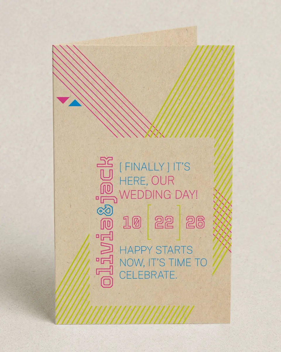This is a 5" x 7⅞" Folded Half-fold Wedding Program called Flirty Neon printed in full color on Premium Smooth paper