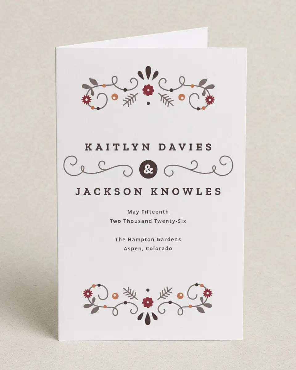 This is a 5" x 7⅞" Folded Half-fold Wedding Program called Fall Treasures printed in full color on Premium Smooth paper