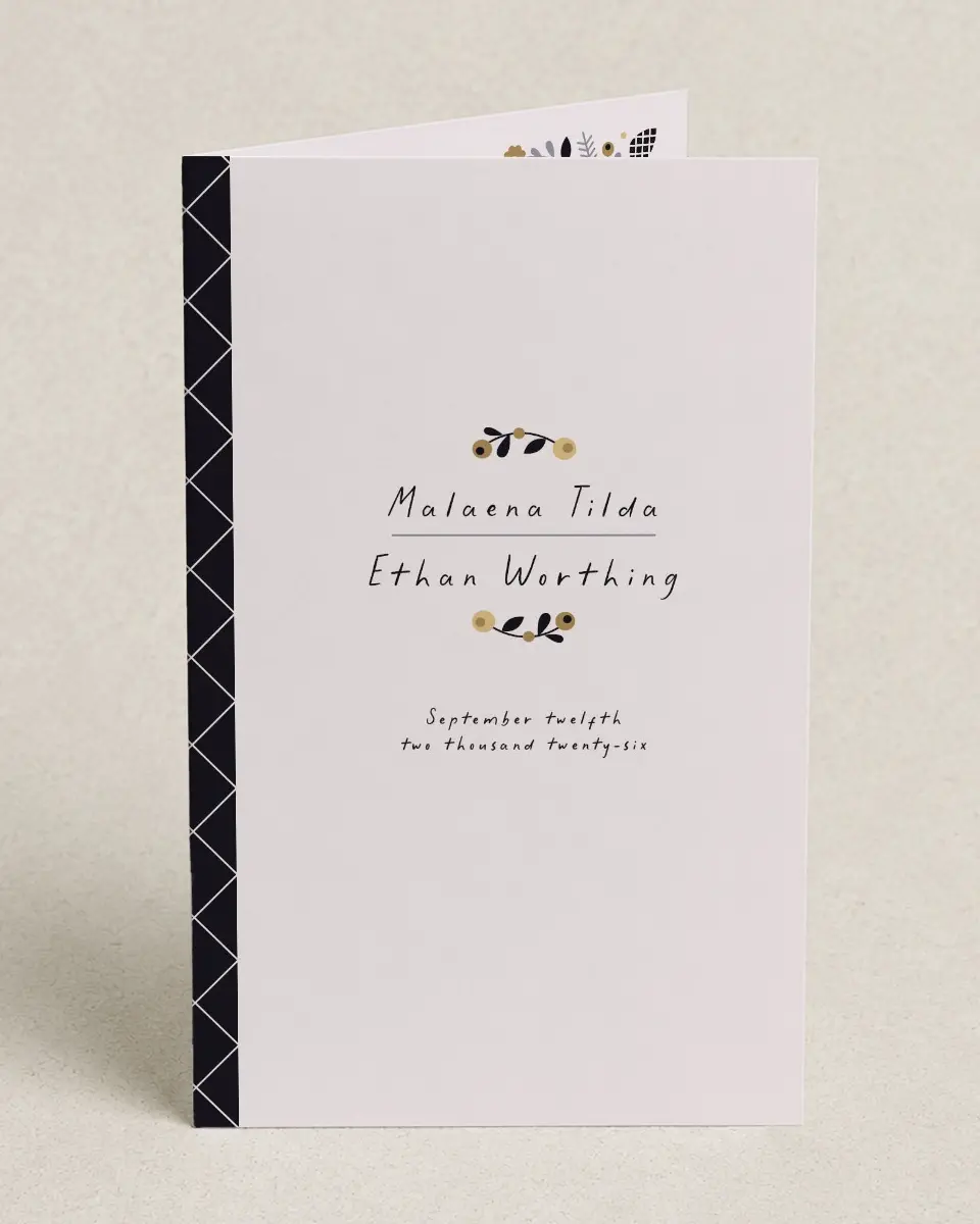 This is a 5" x 7⅞" Folded Half-fold Wedding Program called An Autumn Affair printed in full color on Premium Smooth paper