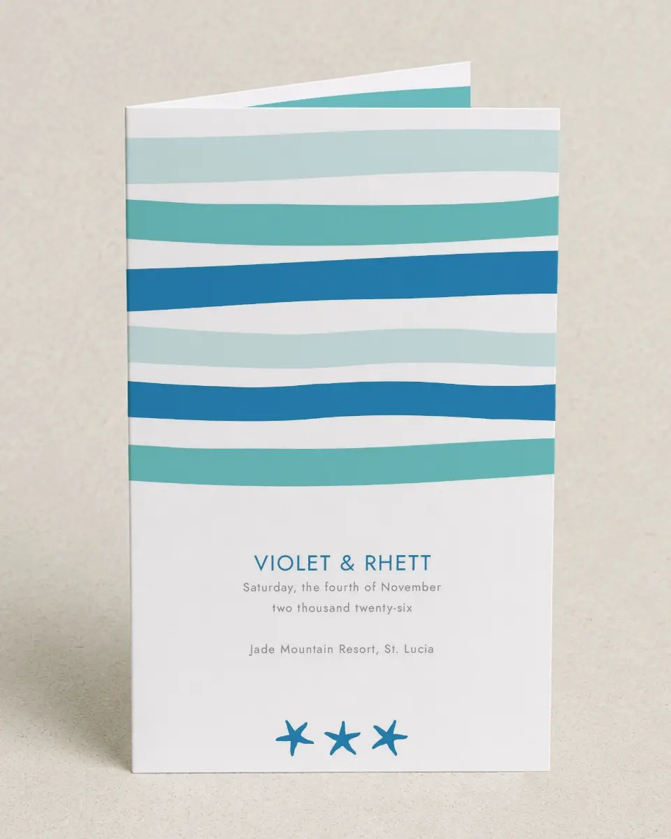 This is a 5" x 7⅞" Folded Half-fold Wedding Program called Making Waves printed in full color on Premium Smooth paper