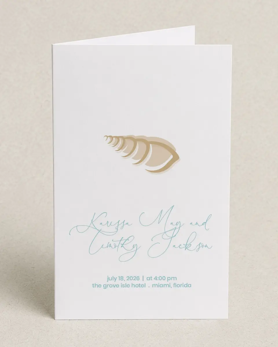 This is a 5" x 7⅞" Folded Half-fold Wedding Program called Salty Kisses printed in full color on Premium Smooth paper