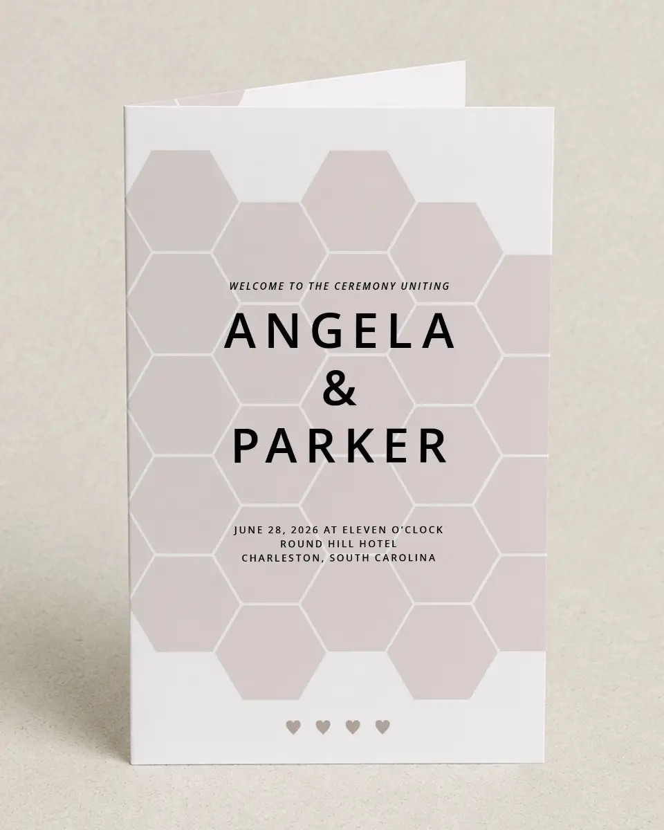 This is a 5" x 7⅞" Folded Half-fold Wedding Program called Honeycomb Sweetness printed in full color on Premium Smooth paper