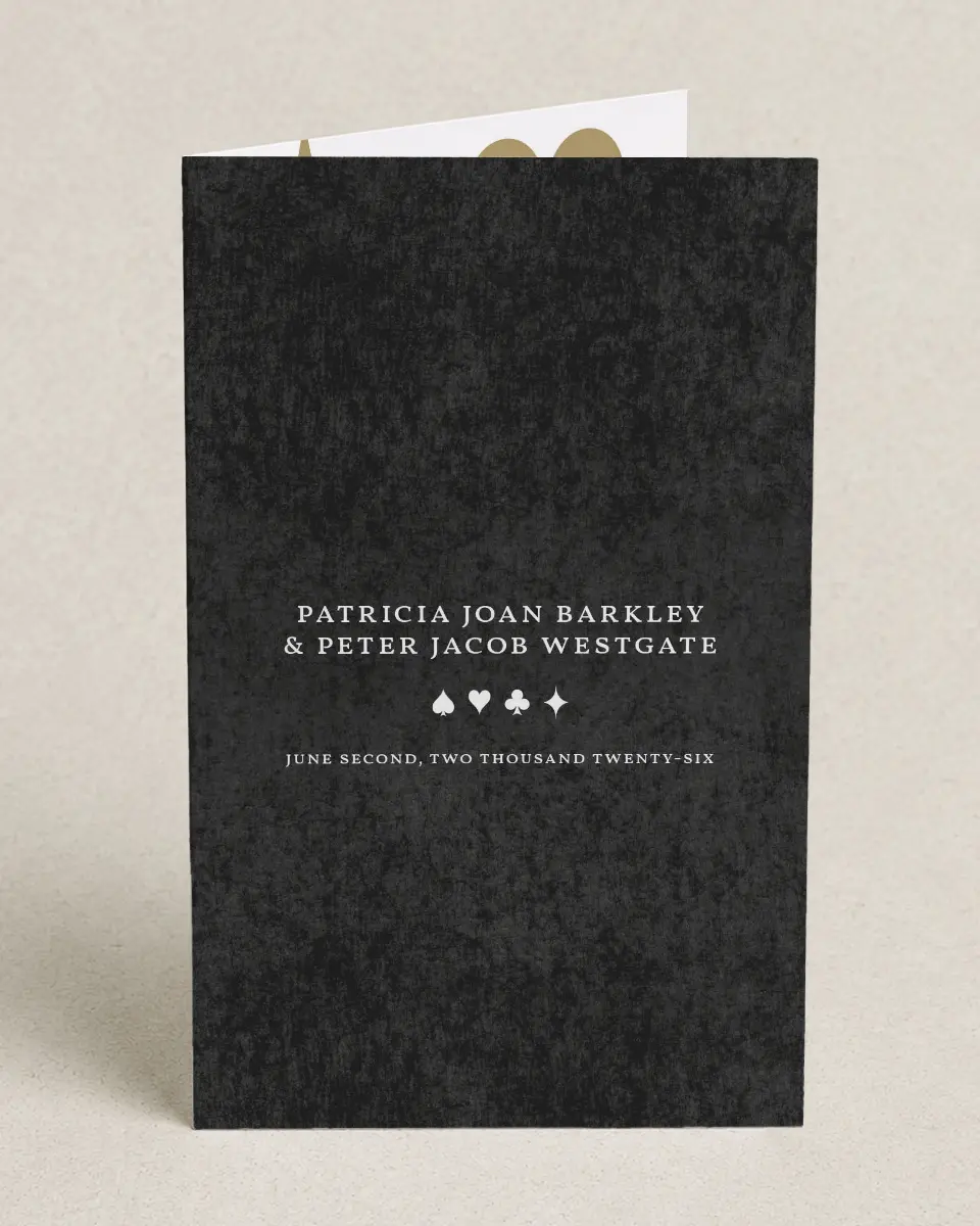 This is a 5" x 7⅞" Folded Half-fold Wedding Program called Vegas Luxe printed in full color on Premium Smooth paper