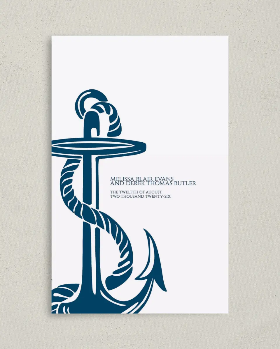 This is a 5" x 7⅞" Folded Half-fold Wedding Program called Love's Anchor printed in full color on Premium Smooth paper