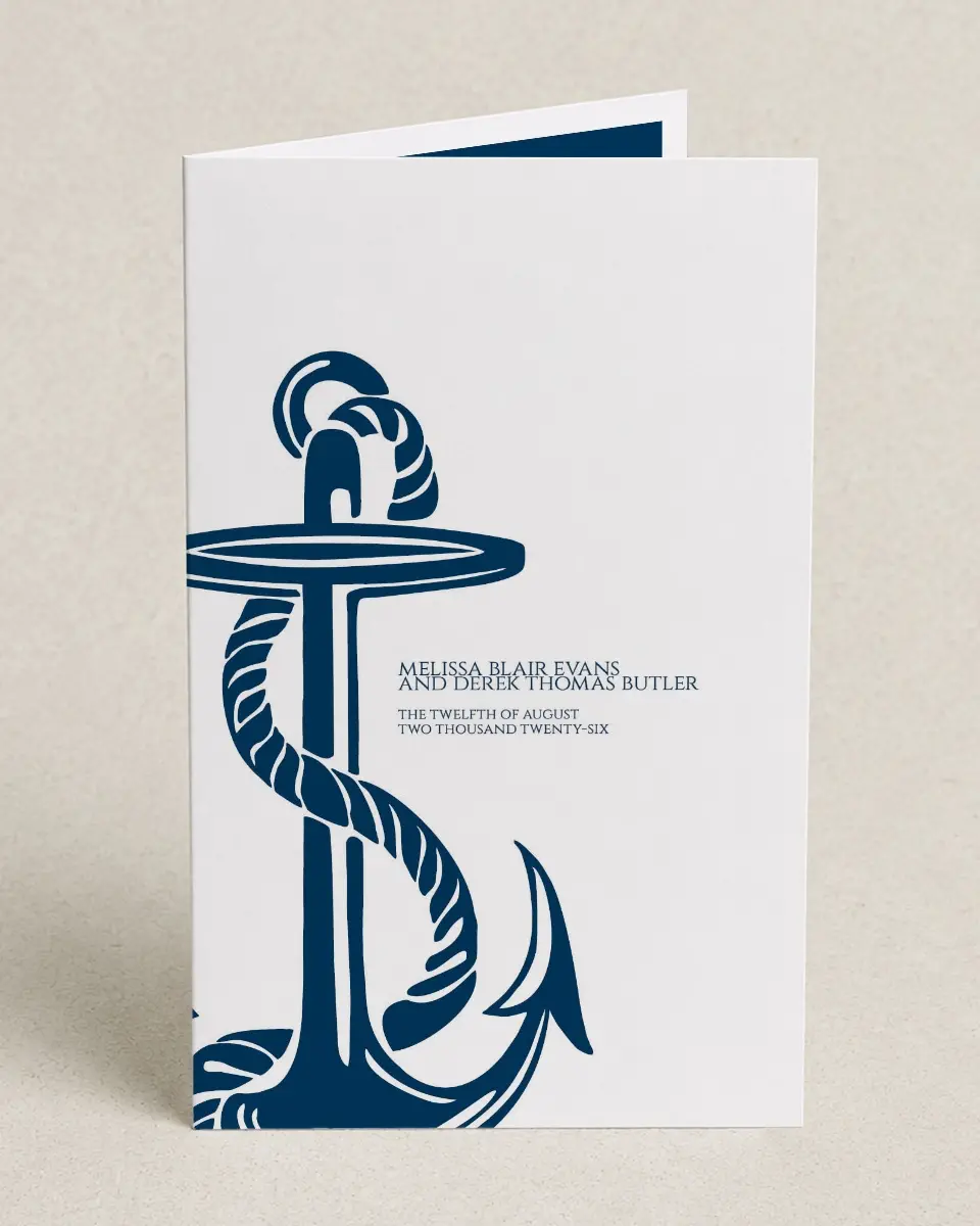 This is a 5" x 7⅞" Folded Half-fold Wedding Program called Love's Anchor printed in full color on Premium Smooth paper