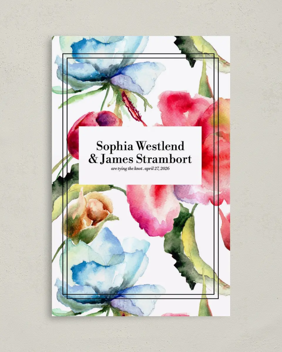 This is a 5" x 7⅞" Folded Half-fold Wedding Program called Floral Watercolor printed in full color on Premium Smooth paper
