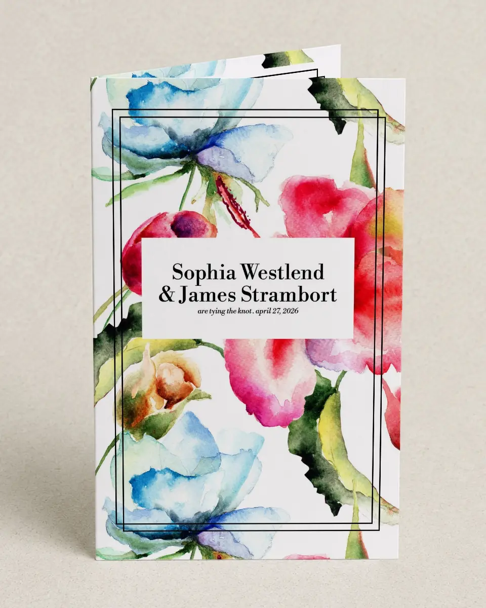 This is a 5" x 7⅞" Folded Half-fold Wedding Program called Floral Watercolor printed in full color on Premium Smooth paper