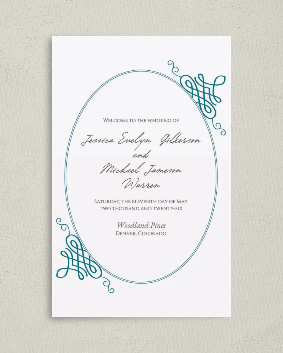 This is a 5" x 7⅞" Folded Half-fold Wedding Program called Simple Luxury printed in full color on Premium Smooth paper