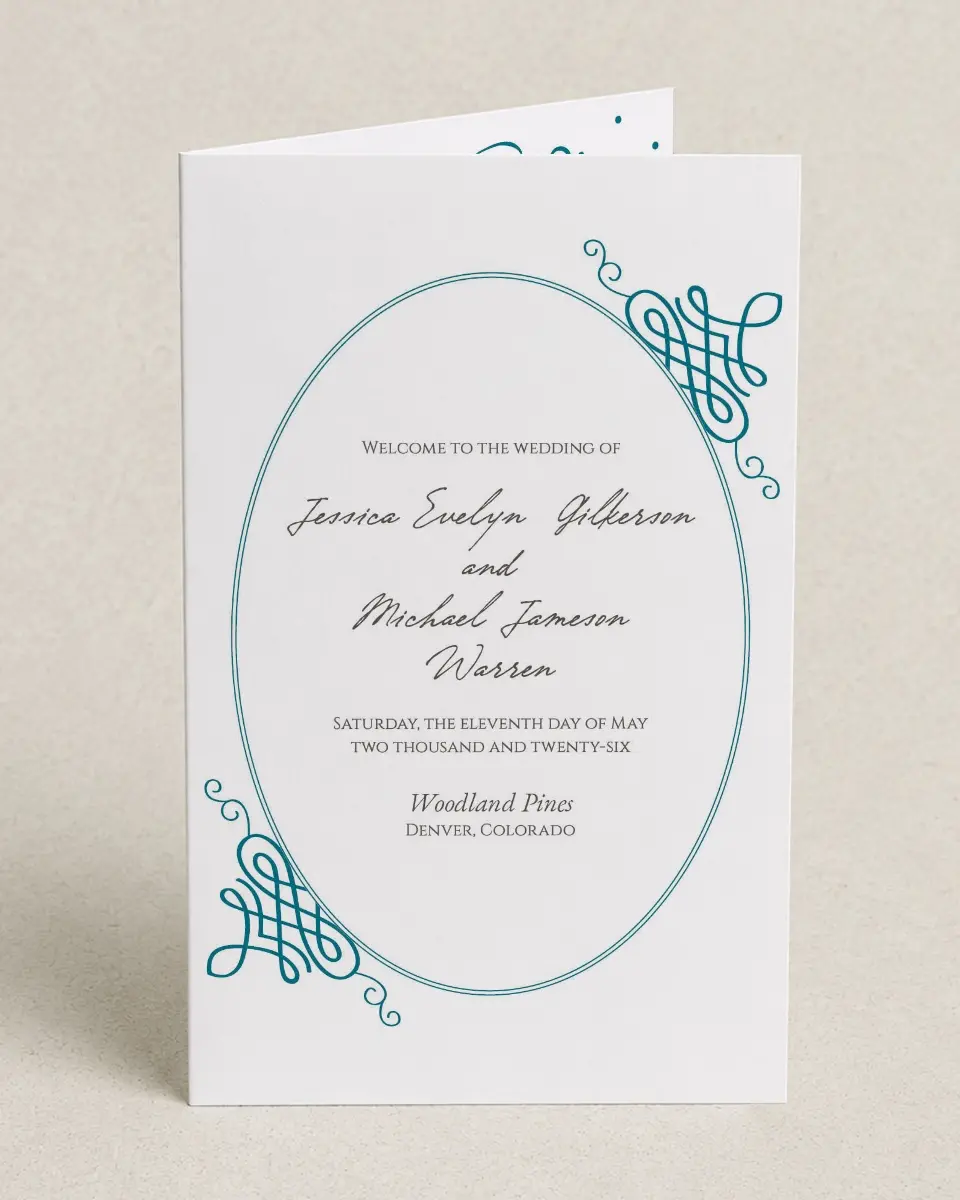 This is a 5" x 7⅞" Folded Half-fold Wedding Program called Simple Luxury printed in full color on Premium Smooth paper