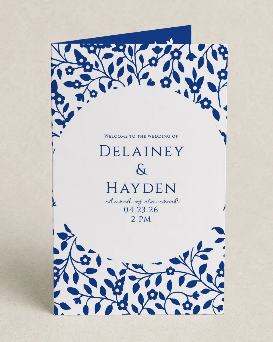 This is a 5" x 7⅞" Folded Half-fold Wedding Program called Secret Garden printed in full color on Premium Smooth paper