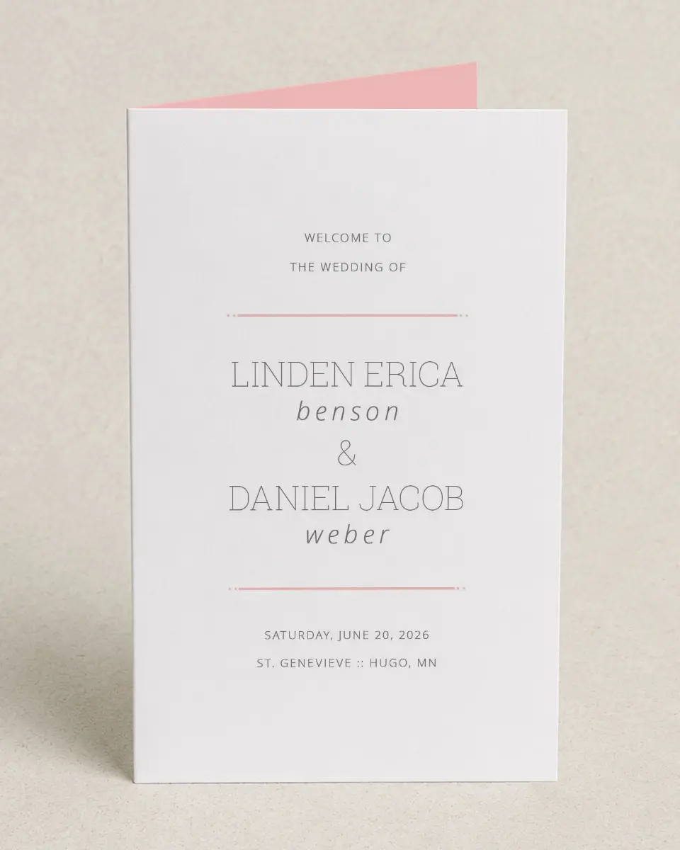 This is a 5" x 7⅞" Folded Half-fold Wedding Program called Sweetly Charmed printed in full color on Premium Smooth paper