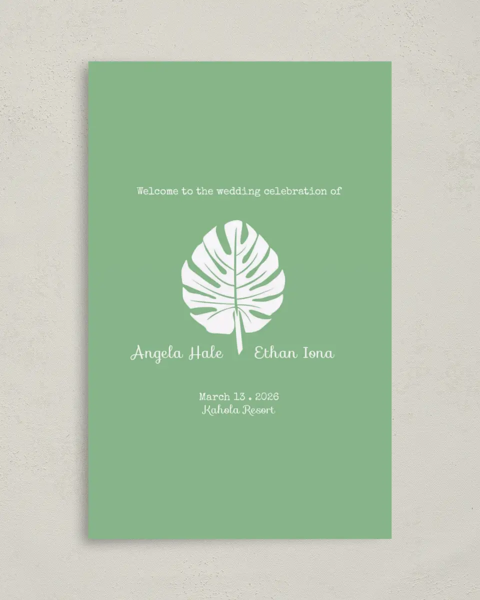 This is a 5" x 7⅞" Folded Half-fold Wedding Program called Palms in Paradise printed in full color on Premium Smooth paper
