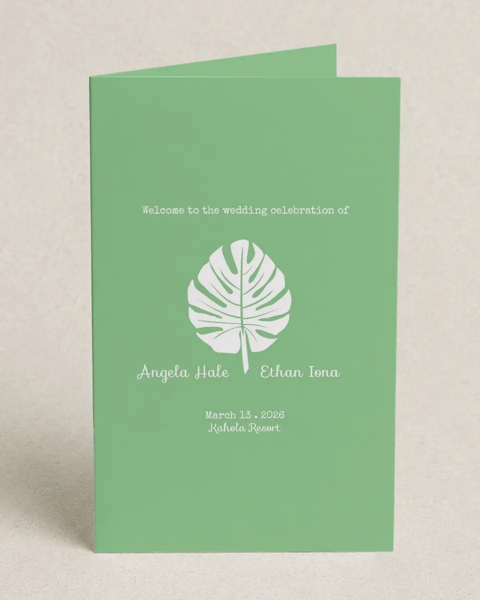 This is a 5" x 7⅞" Folded Half-fold Wedding Program called Palms in Paradise printed in full color on Premium Smooth paper