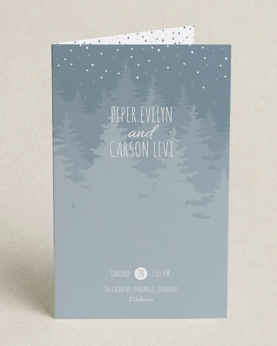 This is a 5" x 7⅞" Folded Half-fold Wedding Program called Woodland Wishes printed in full color with Silver foil on Luxe Satin (coated) paper