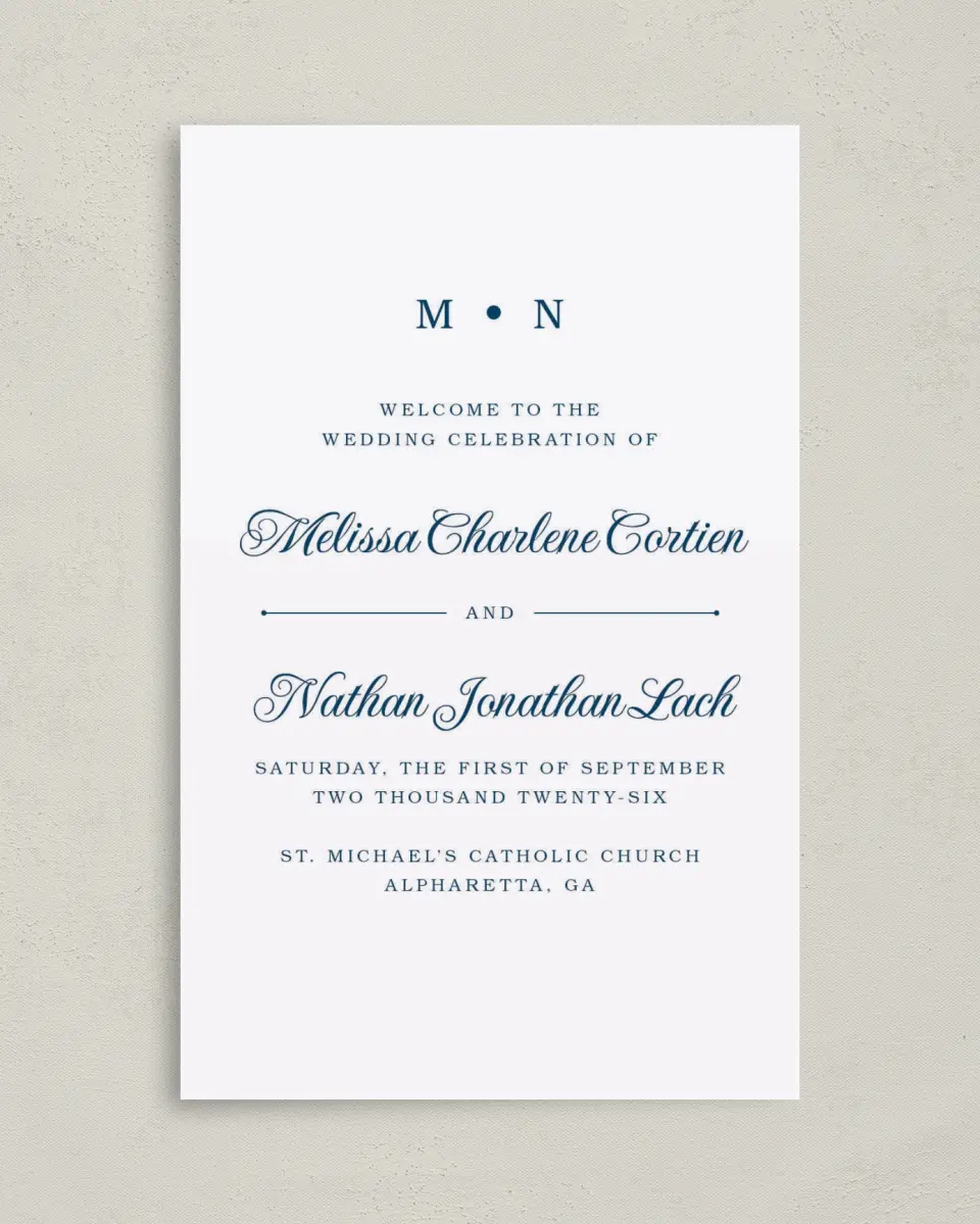 This is a 5" x 7⅞" Folded Half-fold Wedding Program called Grand Soiree printed in full color on Premium Smooth paper