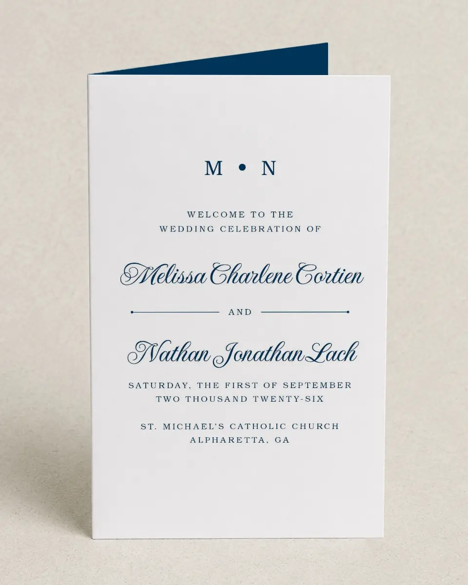 This is a 5" x 7⅞" Folded Half-fold Wedding Program called Grand Soiree printed in full color with Silver foil on Luxe Satin (coated) paper