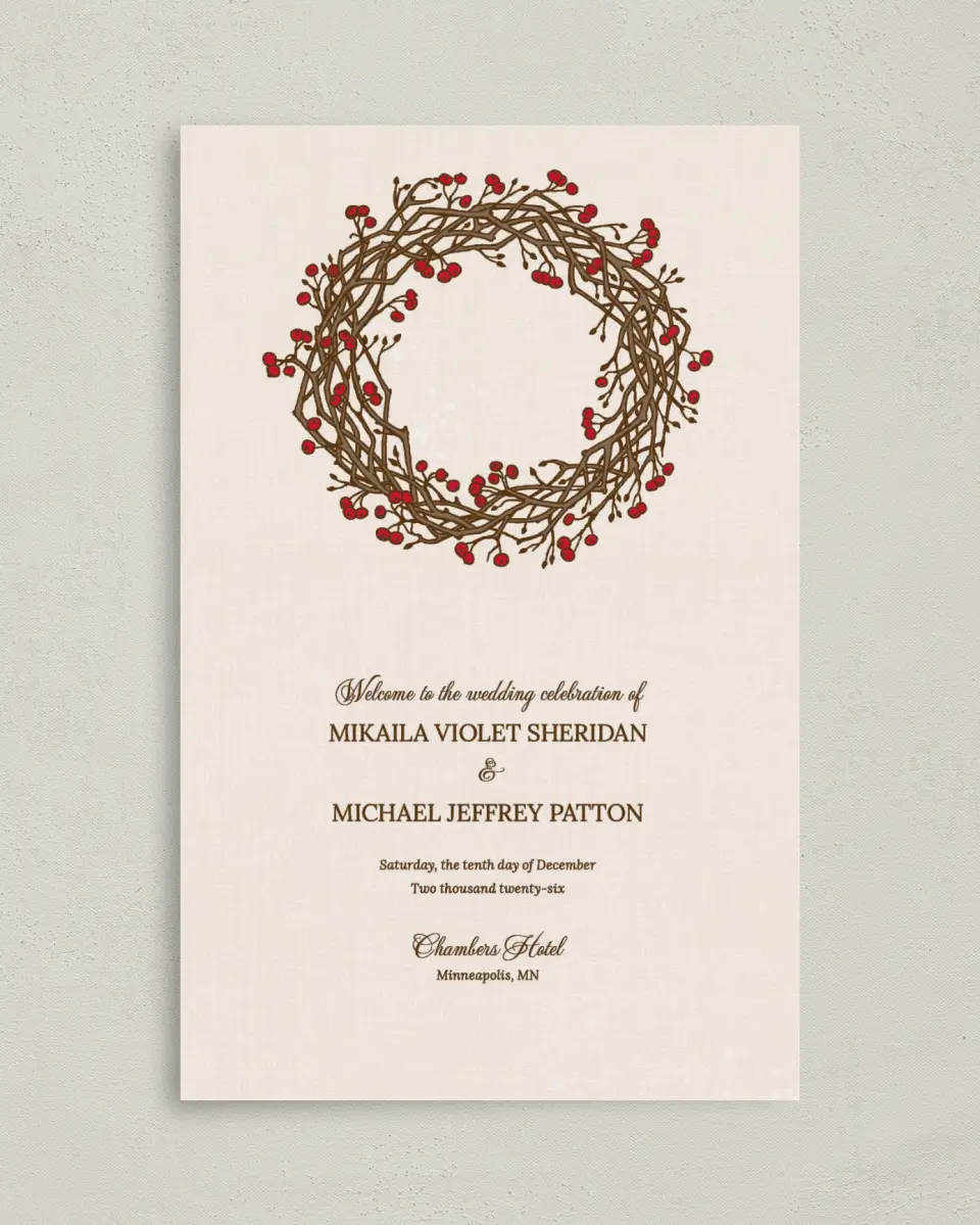 This is a 5" x 7⅞" Folded Half-fold Wedding Program called Winter Berries printed in full color on Premium Smooth paper
