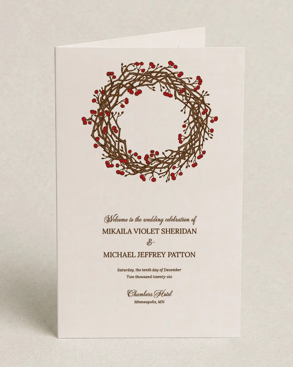 This is a 5" x 7⅞" Folded Half-fold Wedding Program called Winter Berries printed in full color on Premium Smooth paper