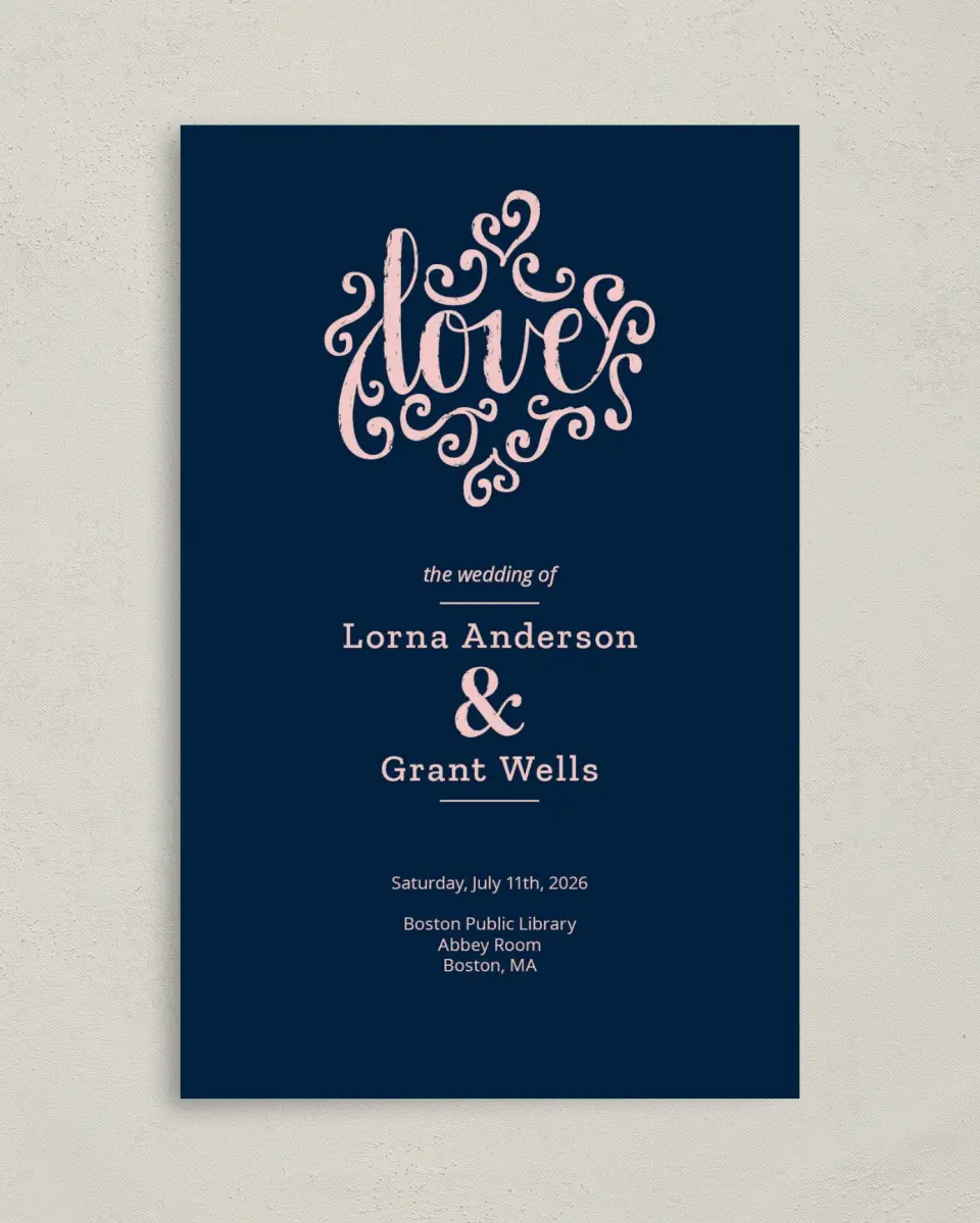 This is a 5" x 7⅞" Folded Half-fold Wedding Program called Love Letters printed in full color on Premium Smooth paper