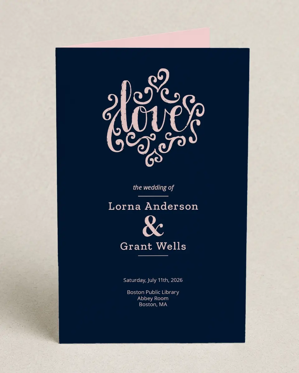 This is a 5" x 7⅞" Folded Half-fold Wedding Program called Love Letters printed in full color on Premium Smooth paper