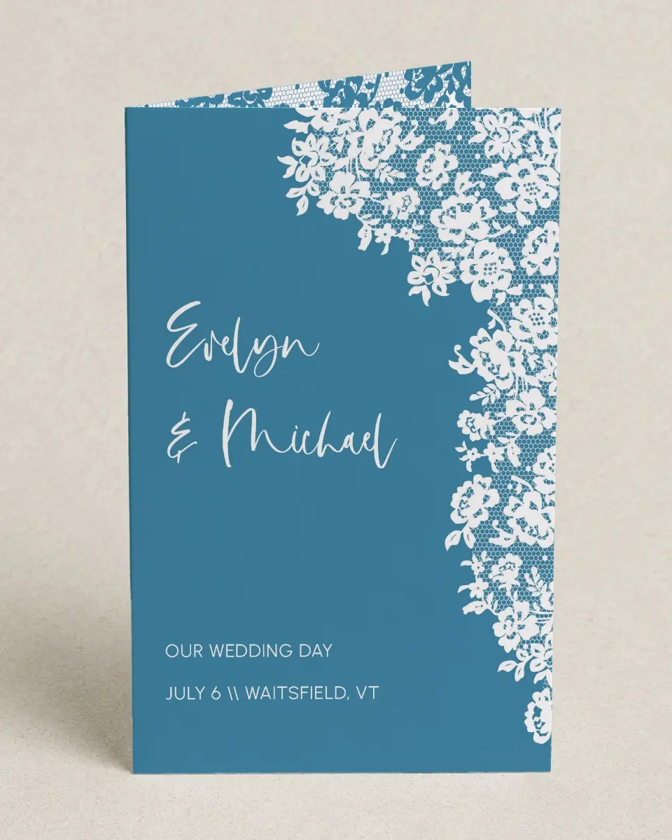 This is a 5" x 7⅞" Folded Half-fold Wedding Program called Modern Lace printed in full color on Premium Smooth paper