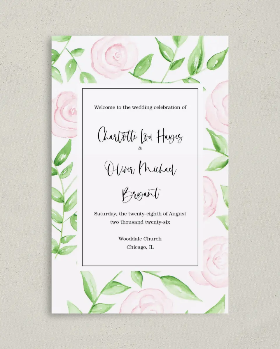 This is a 5" x 7⅞" Folded Half-fold Wedding Program called Painterly Bouquet printed in full color on Premium Smooth paper
