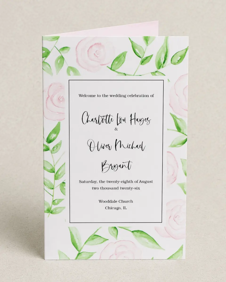 This is a 5" x 7⅞" Folded Half-fold Wedding Program called Painterly Bouquet printed in full color on Premium Smooth paper