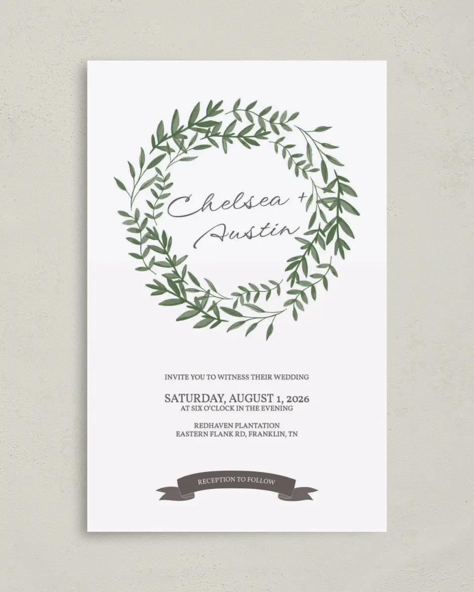 This is a 5" x 7⅞" Folded Half-fold Wedding Program called Watercolor Laurel printed in full color on Premium Smooth paper