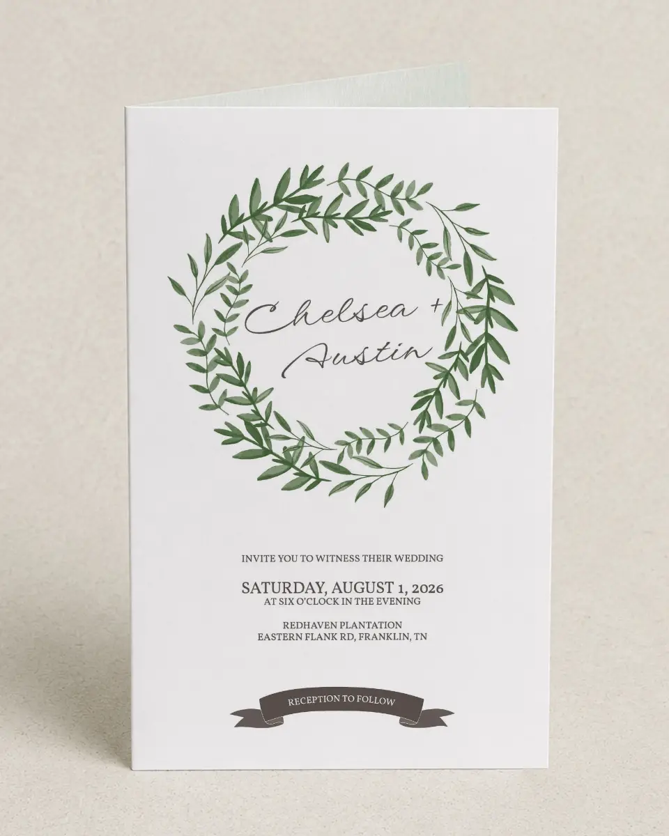 This is a 5" x 7⅞" Folded Half-fold Wedding Program called Watercolor Laurel printed in full color on Premium Smooth paper