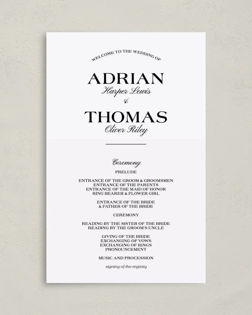 This is a 5" x 7⅞" Folded Half-fold Wedding Program called Formal Statement printed in full color on Premium Smooth paper