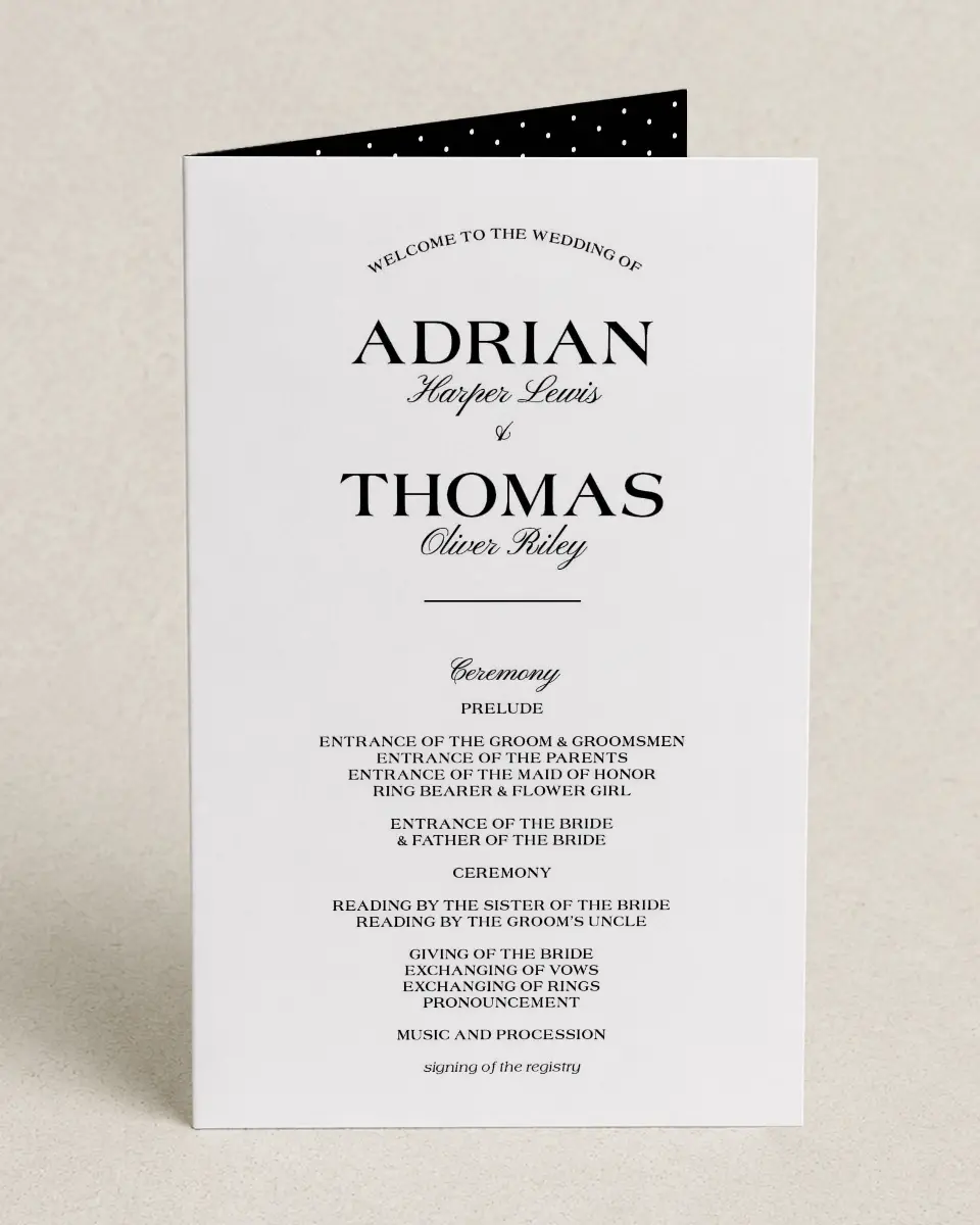 This is a 5" x 7⅞" Folded Half-fold Wedding Program called Formal Statement printed in full color on Premium Smooth paper