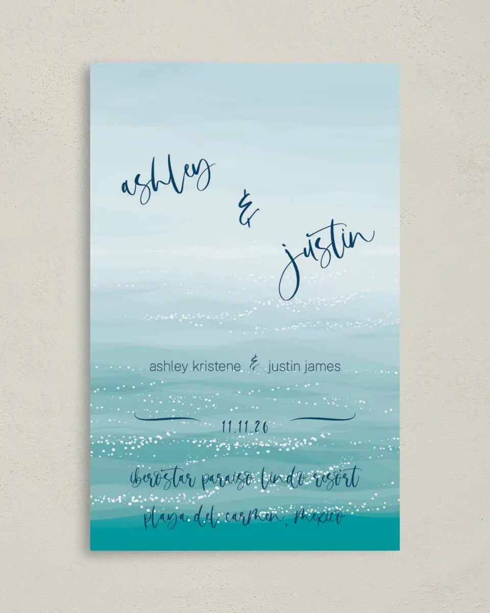 This is a 5" x 7⅞" Folded Half-fold Wedding Program called Beyond the Shore printed in full color with Rose Gold foil on Luxe Satin (coated) paper