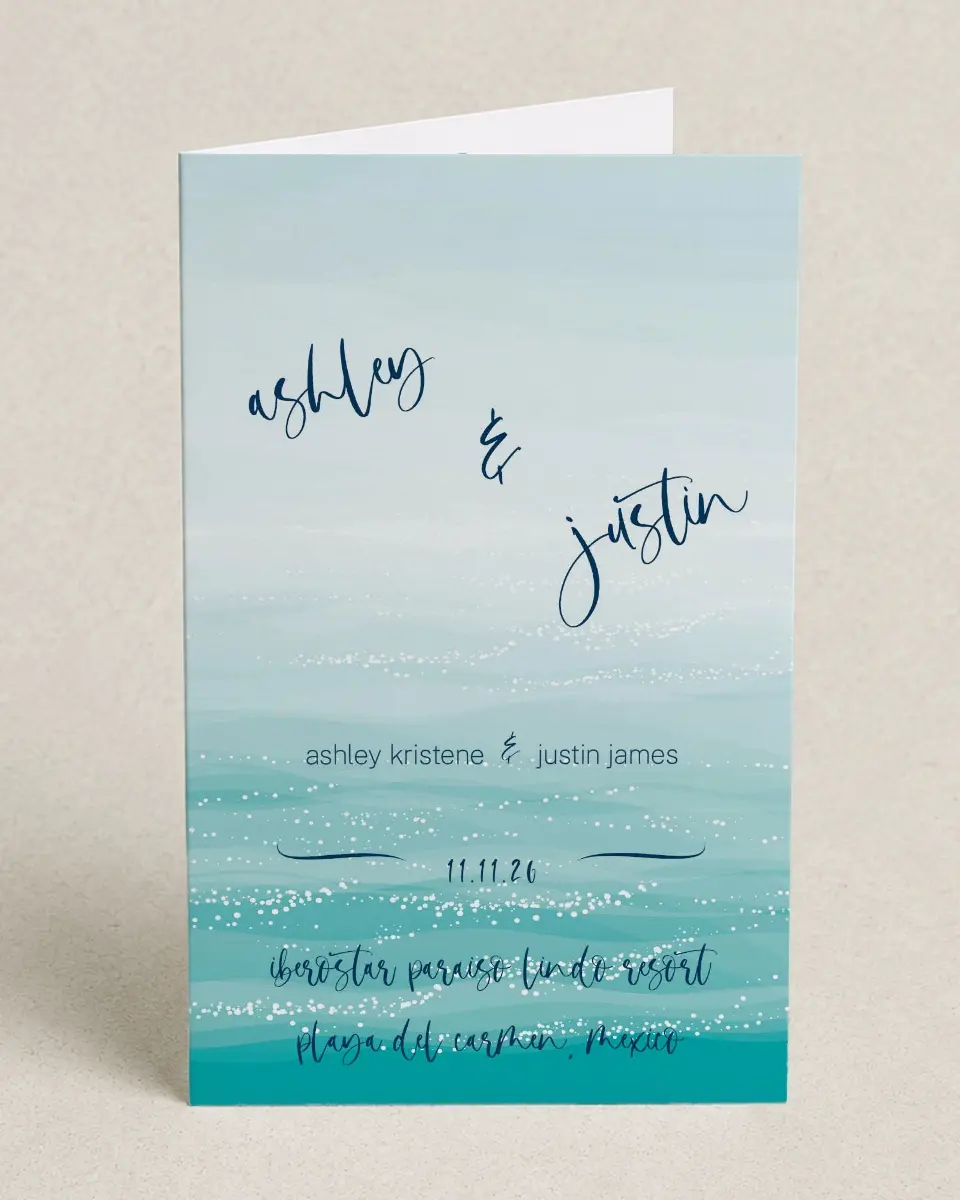 This is a 5" x 7⅞" Folded Half-fold Wedding Program called Beyond the Shore printed in full color on Premium Smooth paper