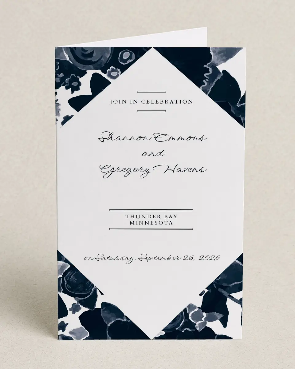 This is a 5" x 7⅞" Folded Half-fold Wedding Program called Geo Floral printed in full color on Premium Smooth paper