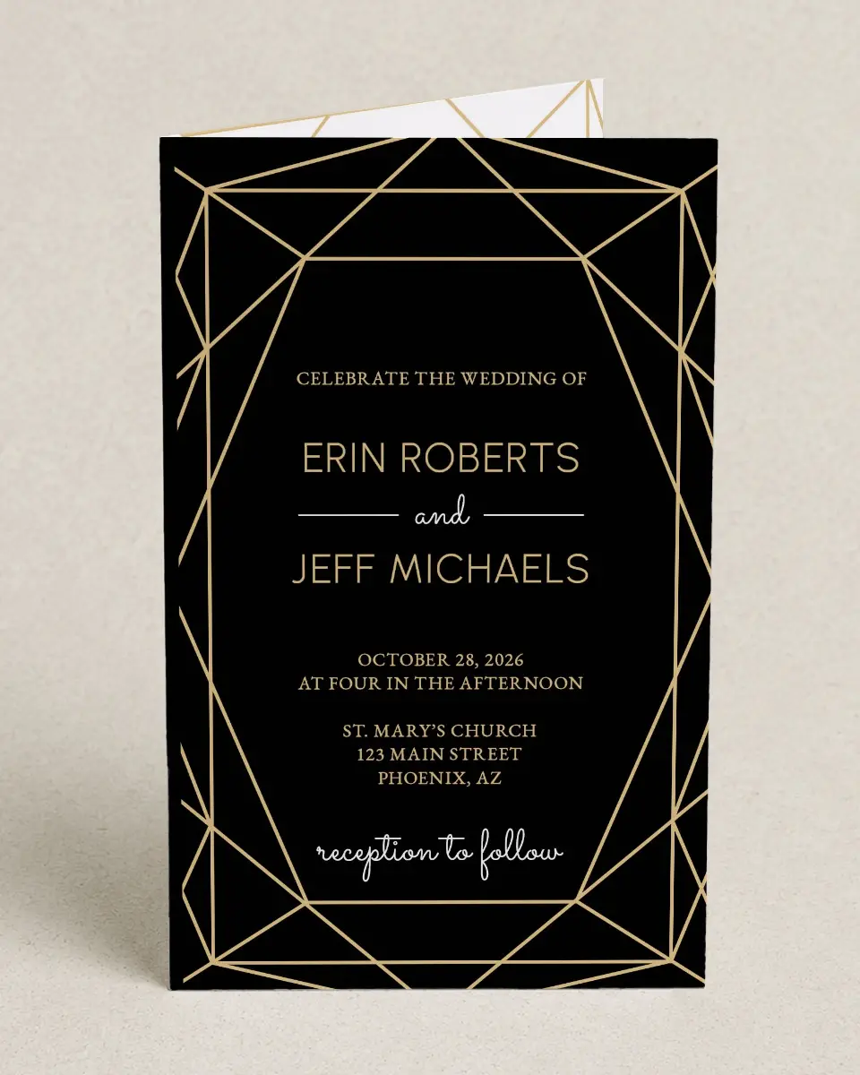 This is a 5" x 7⅞" Folded Half-fold Wedding Program called Luxe Gem printed in full color on Premium Smooth paper