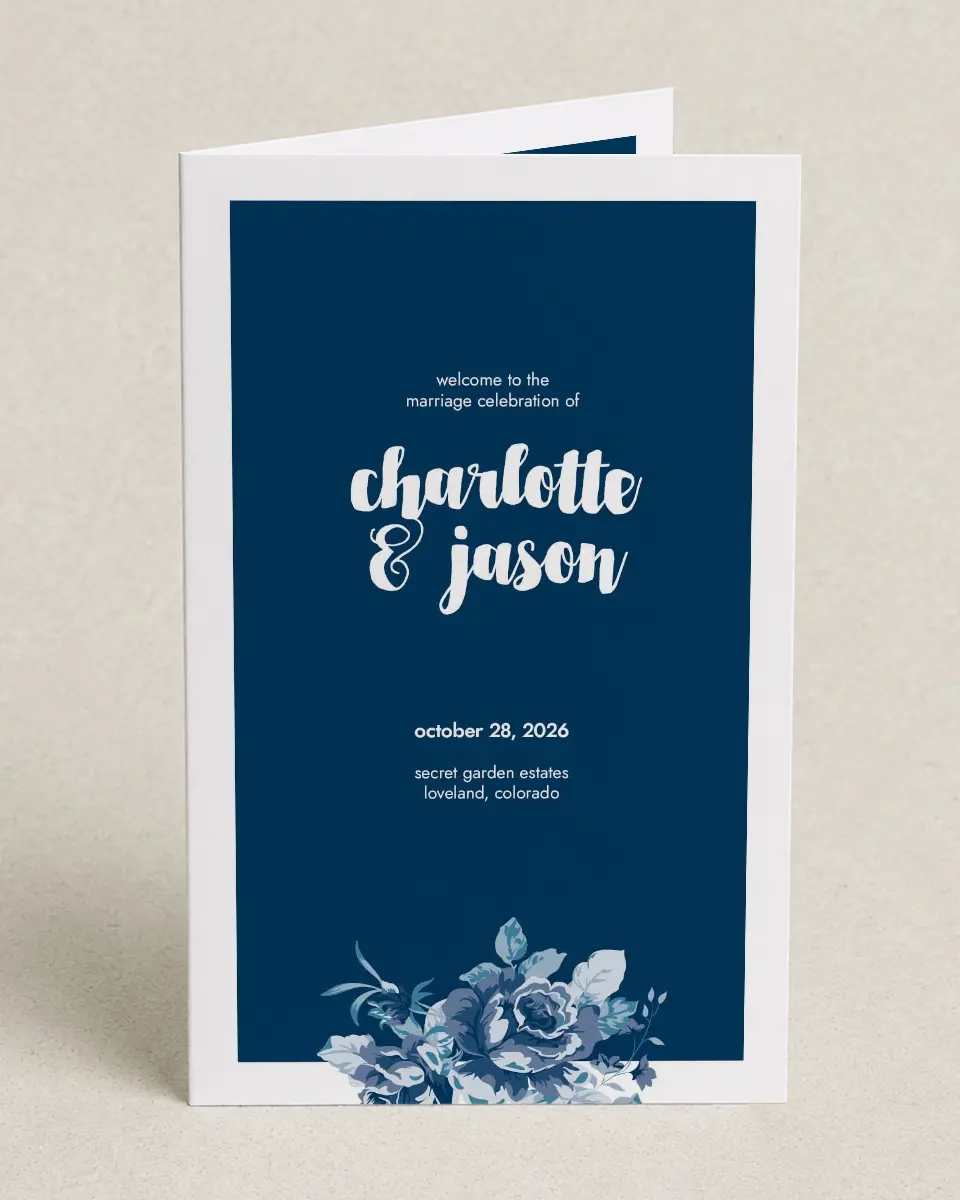 This is a 5" x 7⅞" Folded Half-fold Wedding Program called Winsome Bouquet printed in full color on Premium Smooth paper