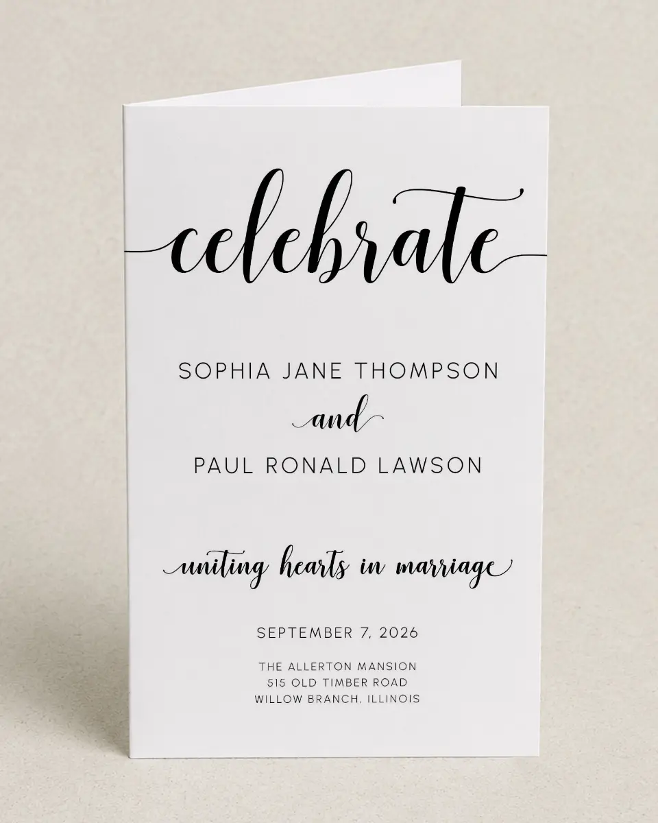 This is a 5" x 7⅞" Folded Half-fold Wedding Program called True Celebration printed in full color on Premium Smooth paper