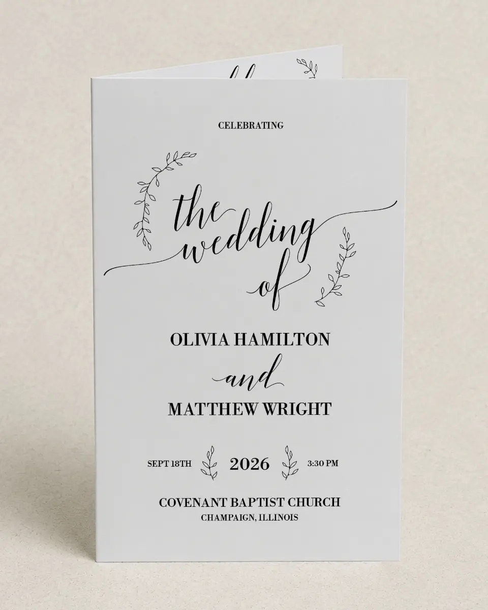 This is a 5" x 7⅞" Folded Half-fold Wedding Program called Naturally Leaves printed in full color with Silver foil on Luxe Satin (coated) paper