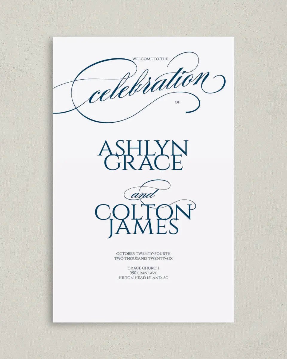 This is a 5" x 7⅞" Folded Half-fold Wedding Program called Glam District printed in full color on Premium Smooth paper