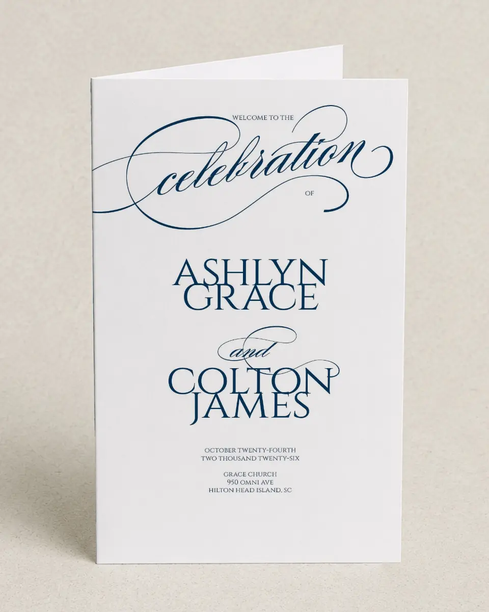 This is a 5" x 7⅞" Folded Half-fold Wedding Program called Glam District printed in full color on Premium Smooth paper