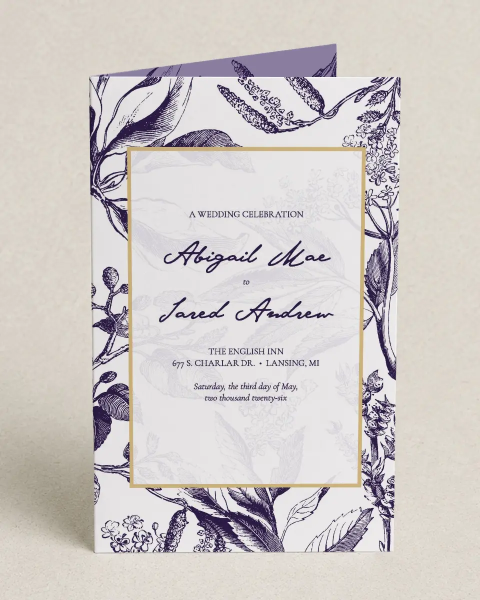 This is a 5" x 7⅞" Folded Half-fold Wedding Program called Delicate Impression printed in full color on Premium Smooth paper