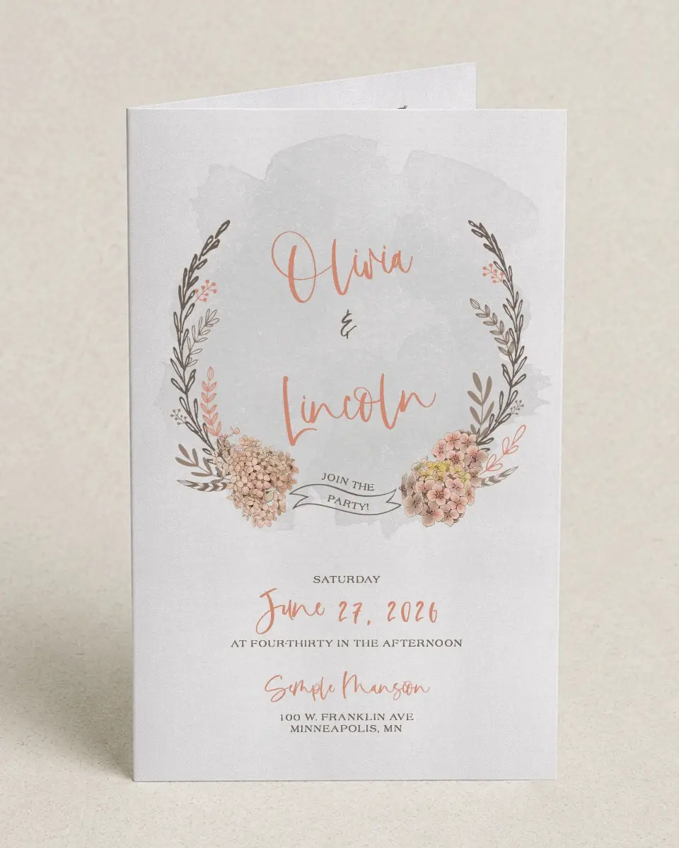 This is a 5" x 7⅞" Folded Half-fold Wedding Program called Delightful Wreath printed in full color on Premium Smooth paper