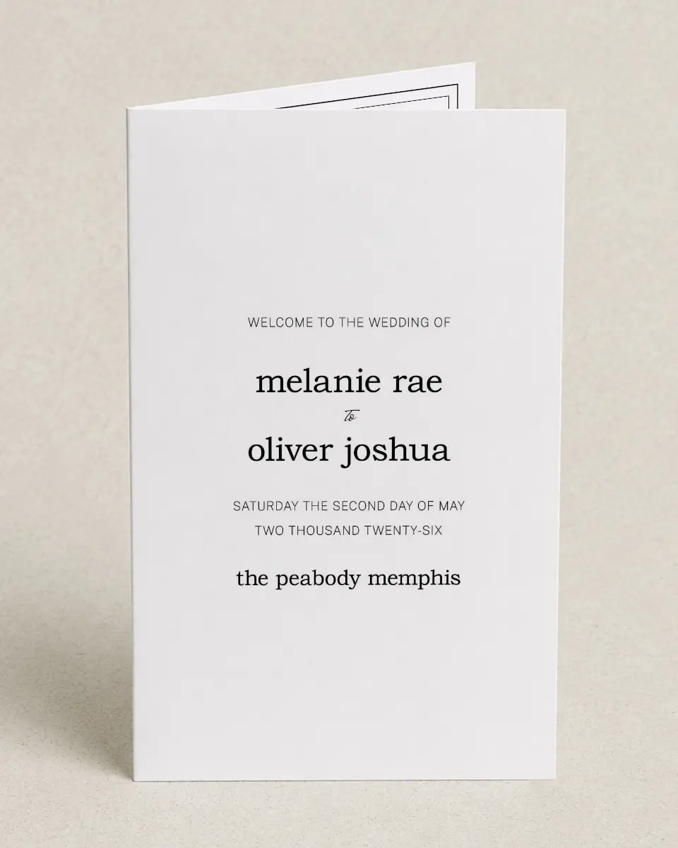 This is a 5" x 7⅞" Folded Half-fold Wedding Program called Simply Pristine printed in full color on Premium Smooth paper