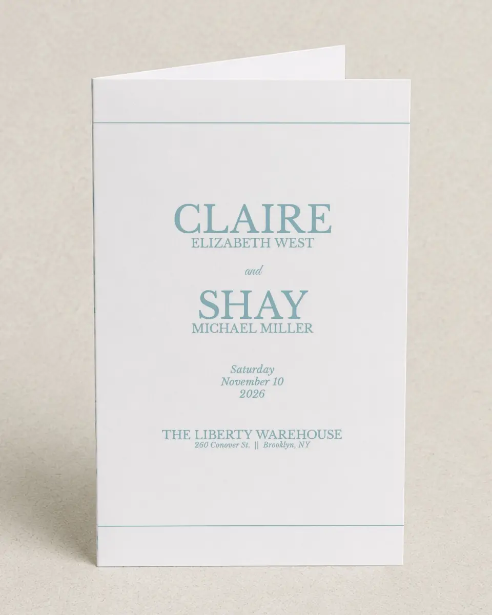 This is a 5" x 7⅞" Folded Half-fold Wedding Program called Blissful Marble printed in full color on Premium Smooth paper