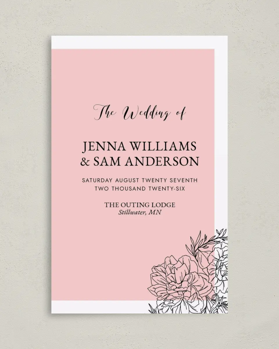 This is a 5" x 7⅞" Folded Half-fold Wedding Program called Love's Whisper printed in full color on Premium Smooth paper