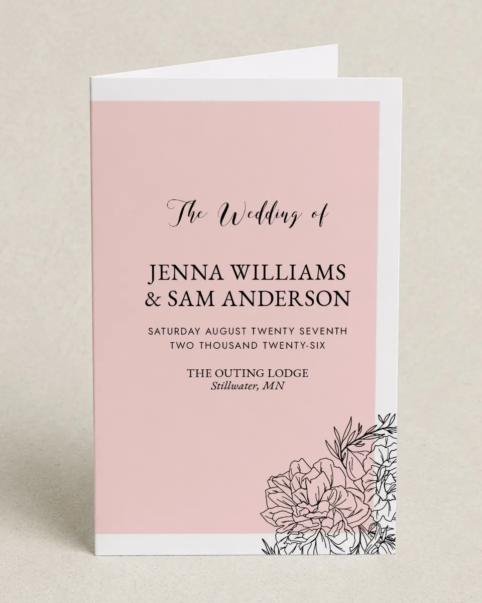 This is a 5" x 7⅞" Folded Half-fold Wedding Program called Love's Whisper printed in full color with Rose Gold foil on Luxe Satin (coated) paper