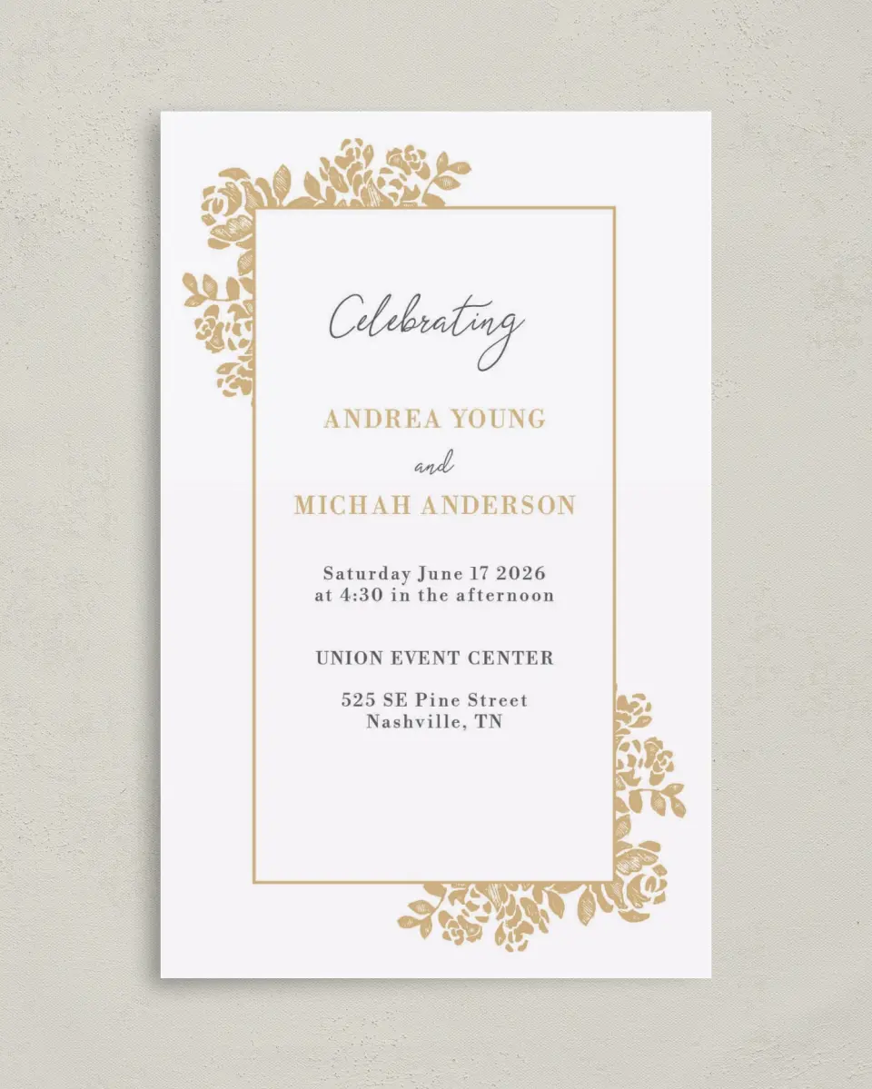 This is a 5" x 7⅞" Folded Half-fold Wedding Program called Etched Elegance printed in full color on Premium Smooth paper