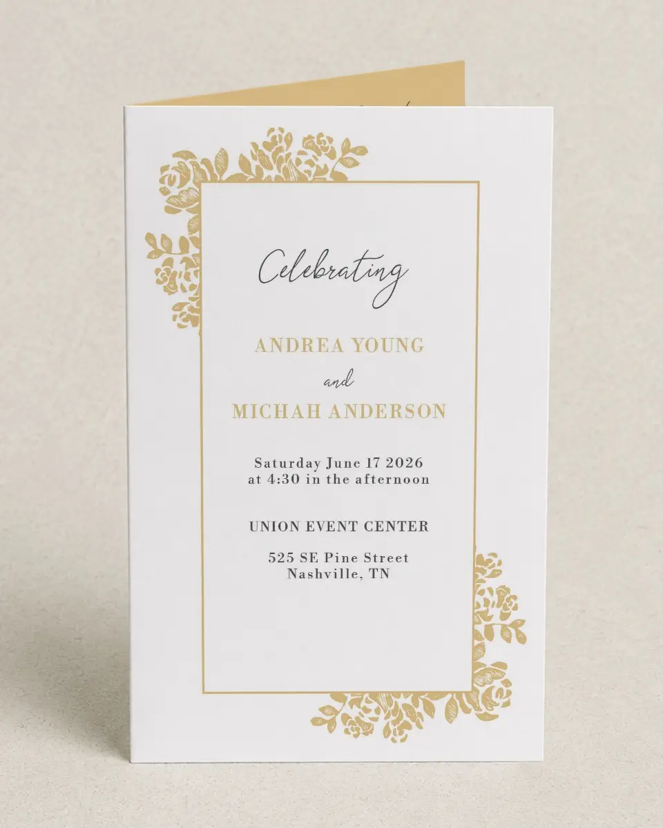 This is a 5" x 7⅞" Folded Half-fold Wedding Program called Etched Elegance printed in full color on Premium Smooth paper