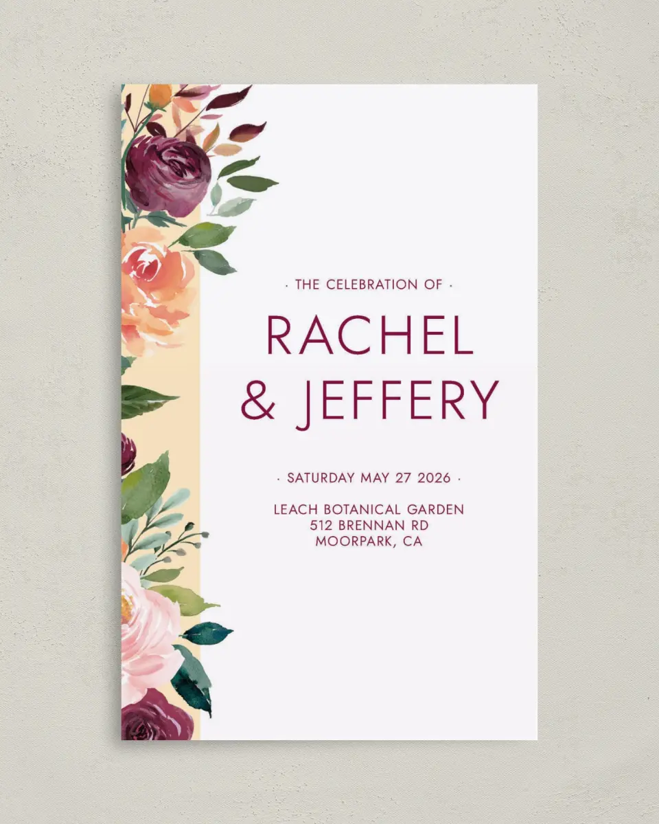 This is a 5" x 7⅞" Folded Half-fold Wedding Program called Country Florals printed in full color on Premium Smooth paper