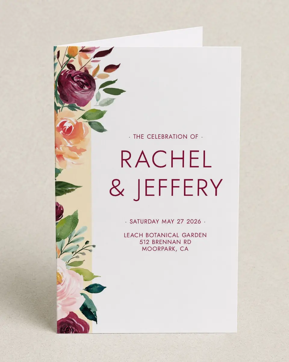 This is a 5" x 7⅞" Folded Half-fold Wedding Program called Country Florals printed in full color on Premium Smooth paper